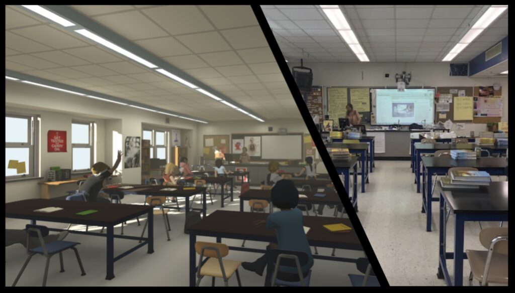 Het echte klaslokaal (rechts) en de virtuele versie (links).