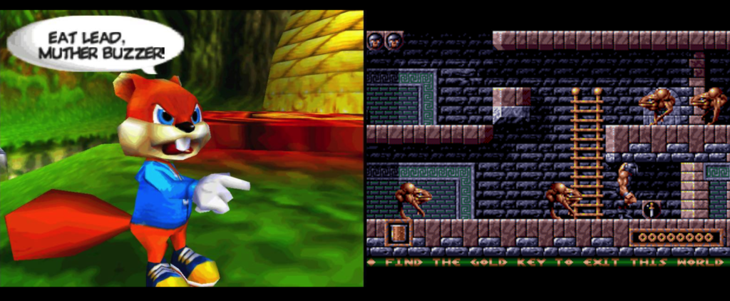 Screenshot of Conker, the main character in Conker's Bad Fur Day, saying "Eat Lead Muther Buzzer!" on the left, and screenshot of the platformer game Gods, on the right.