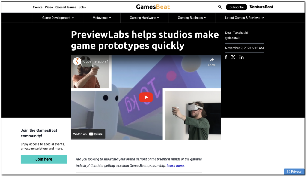 GamesBeat article screenshot